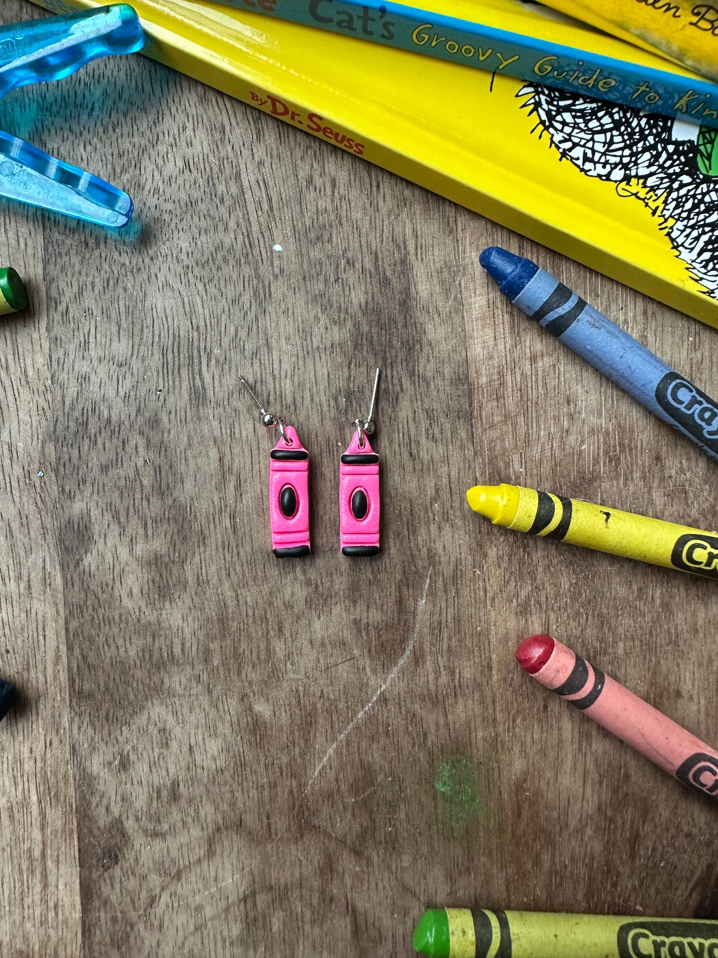 Hot pink shimmer crayon earrings