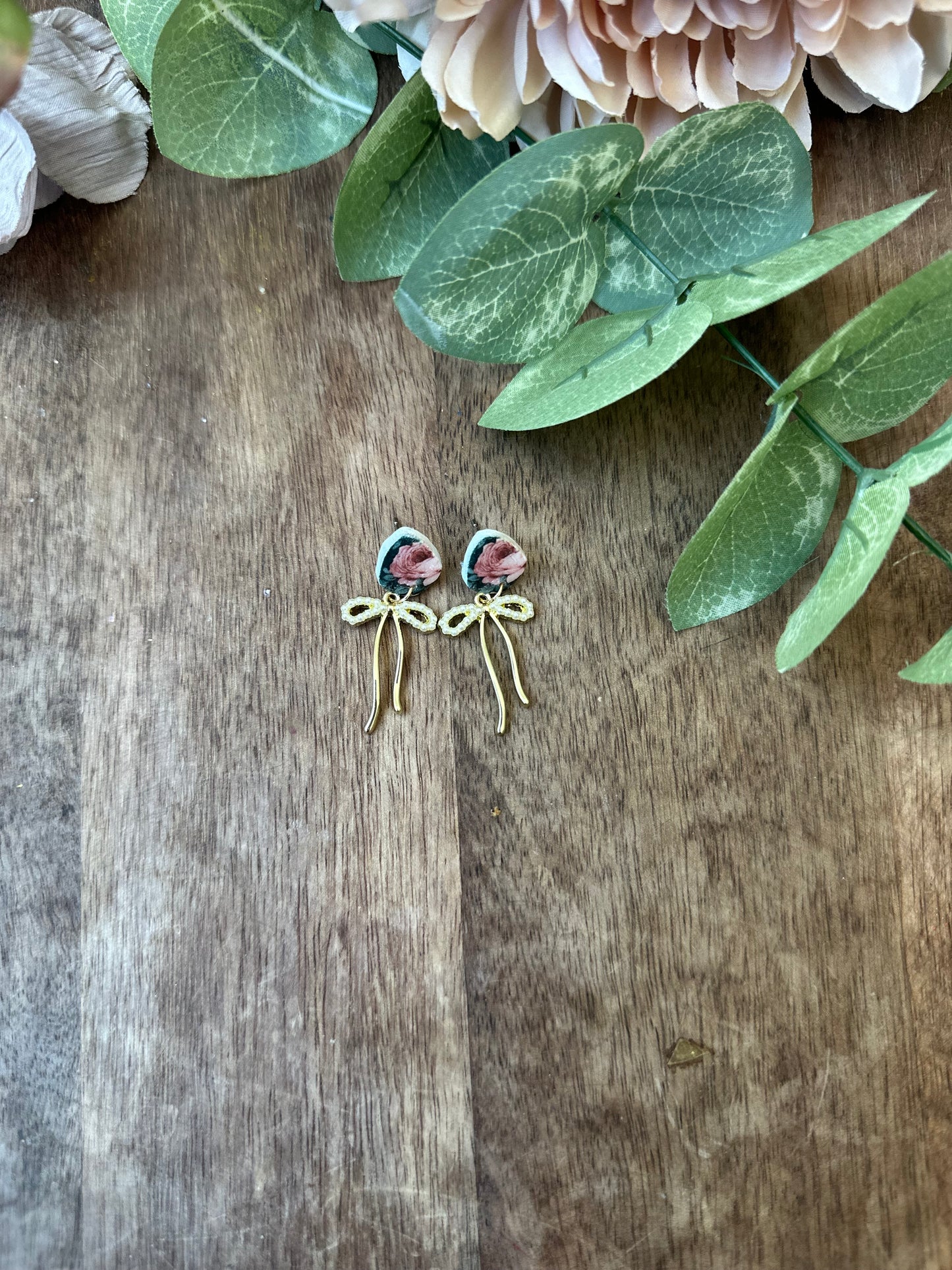Floral, bow drop earrings