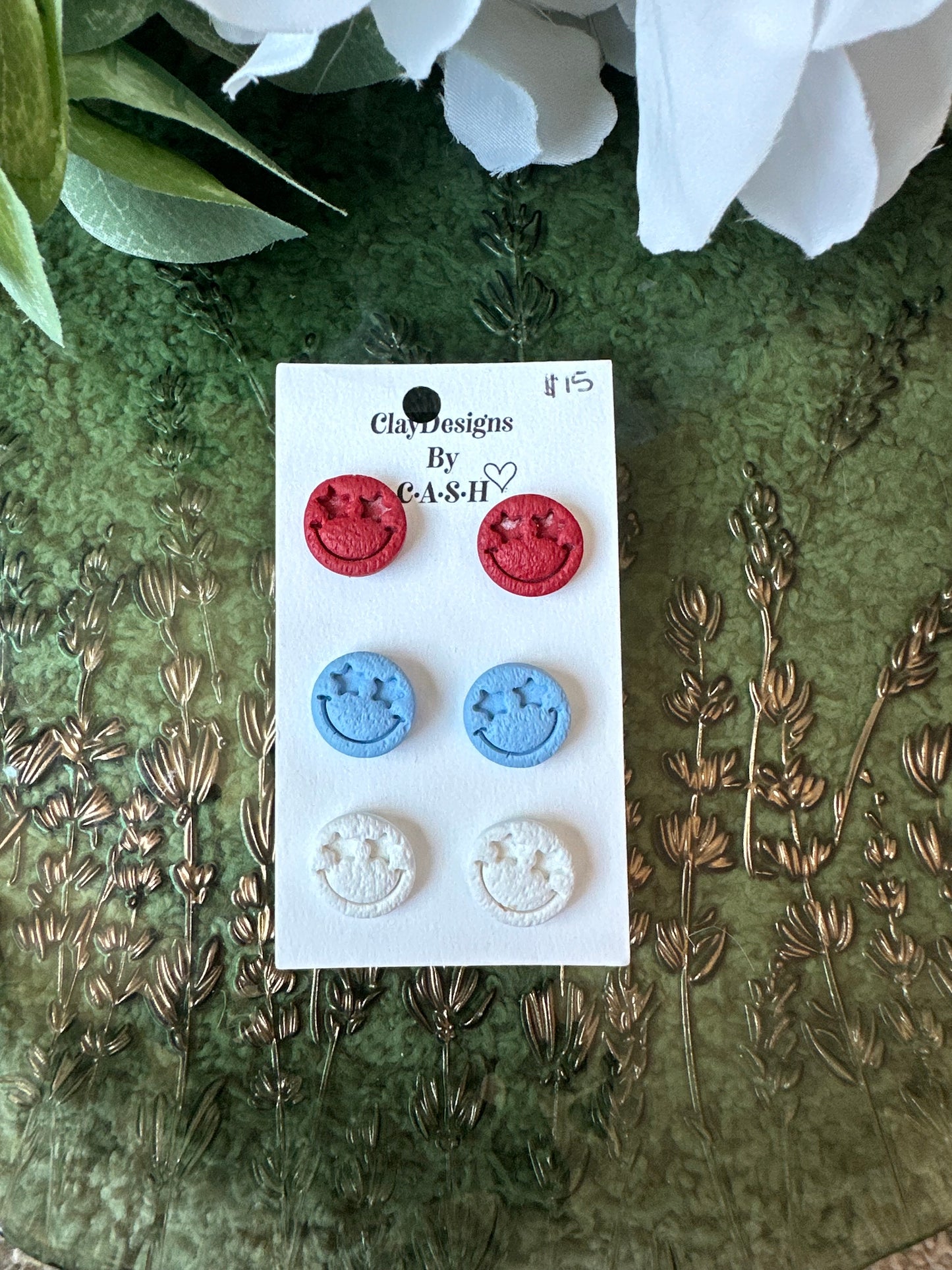 3 pack Red, White and Blue smiley studs