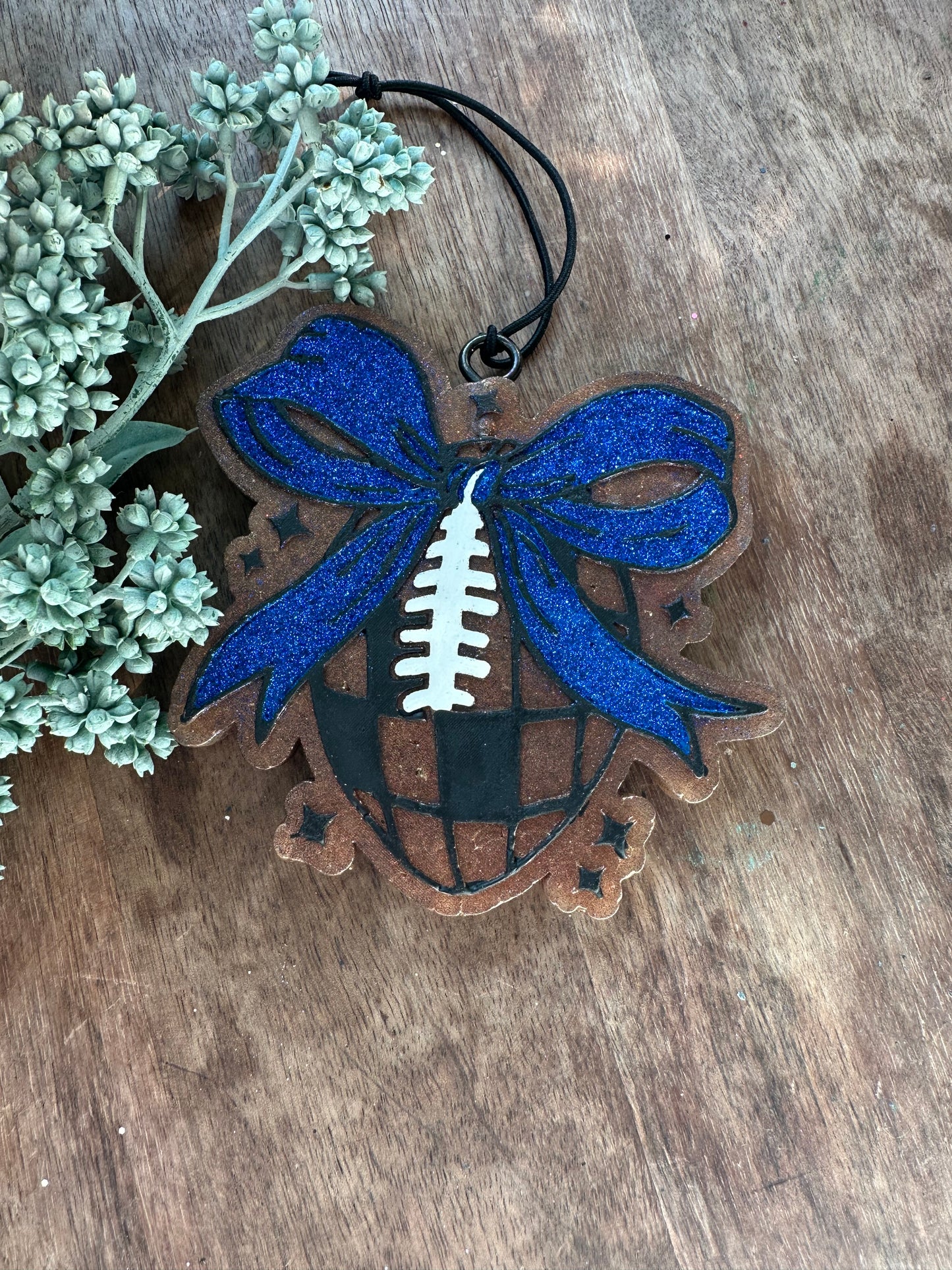 Checkered football with blue bow freshie
