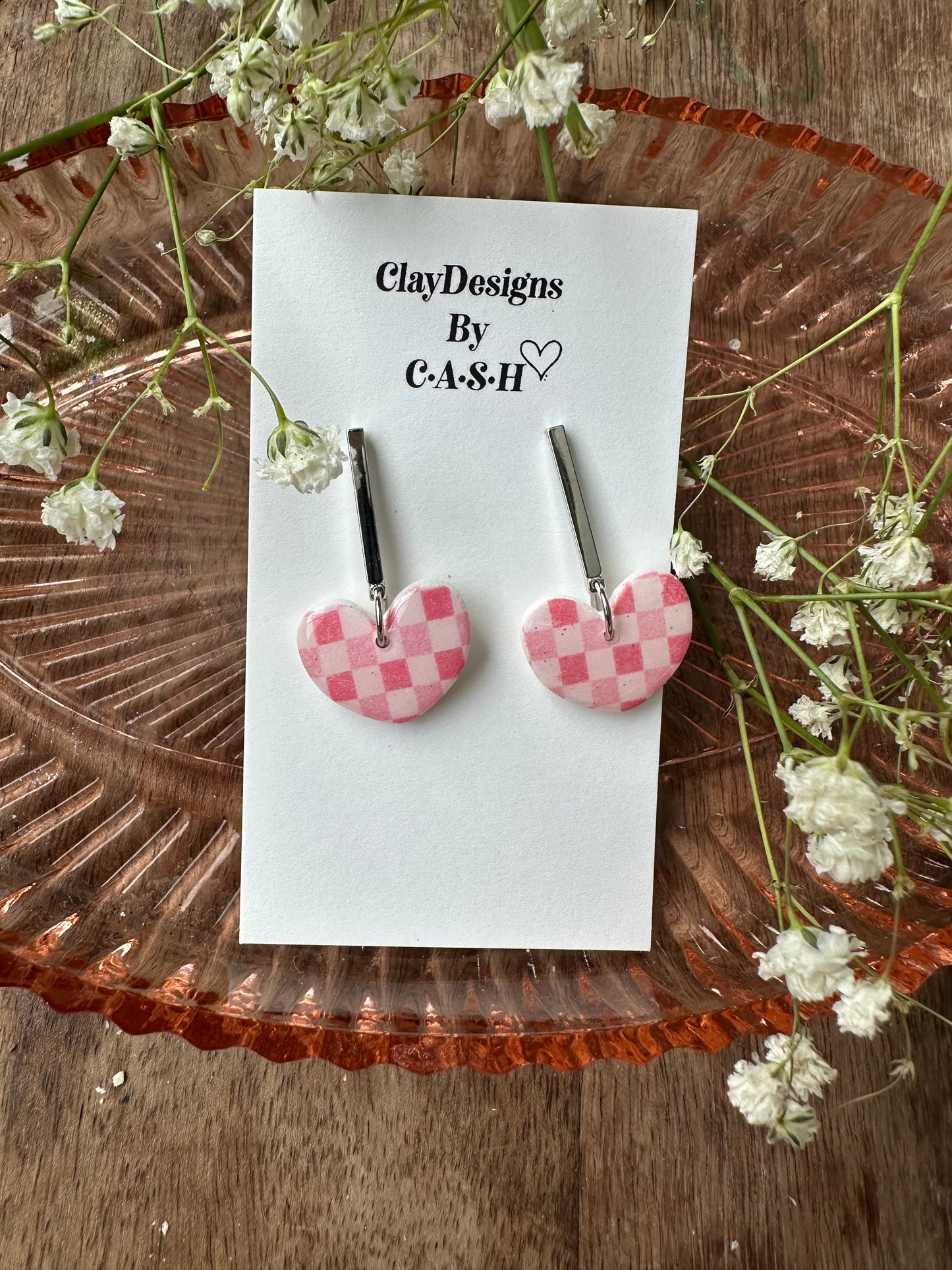 Pink checkered heart dangles