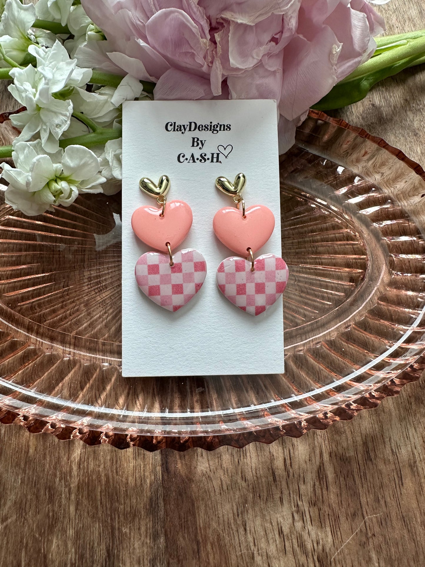 Pink checkered triple heart dangles