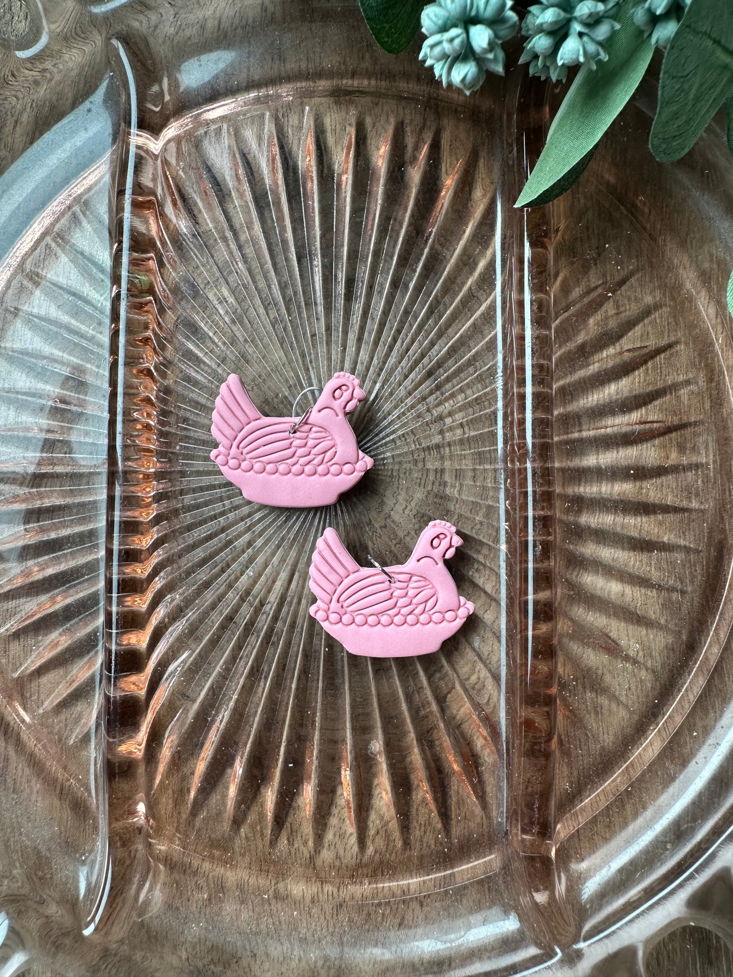 Pink nesting chicken dangles