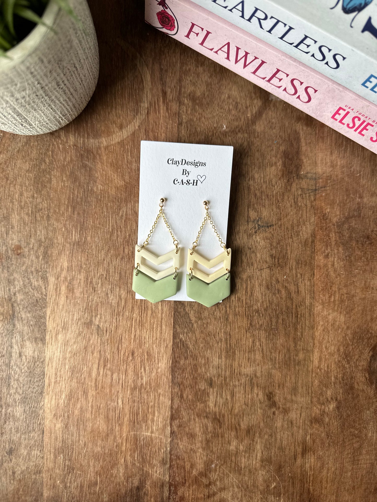 Sage green and yellow chevron dangles