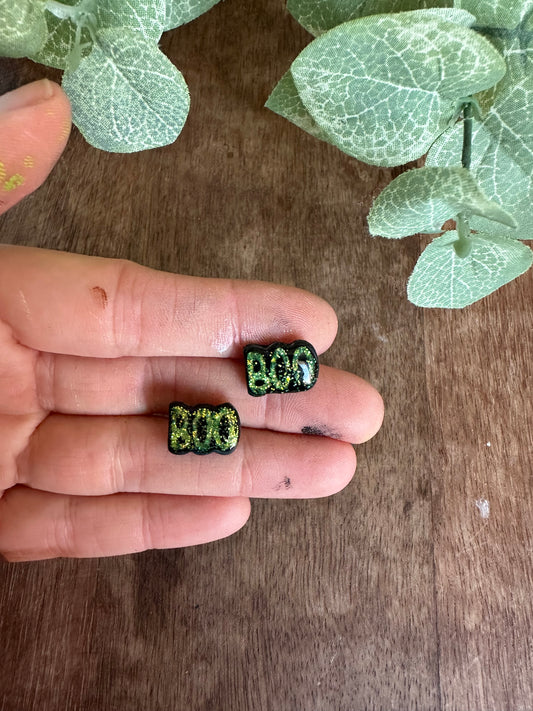 Black with green glitter boo earrings