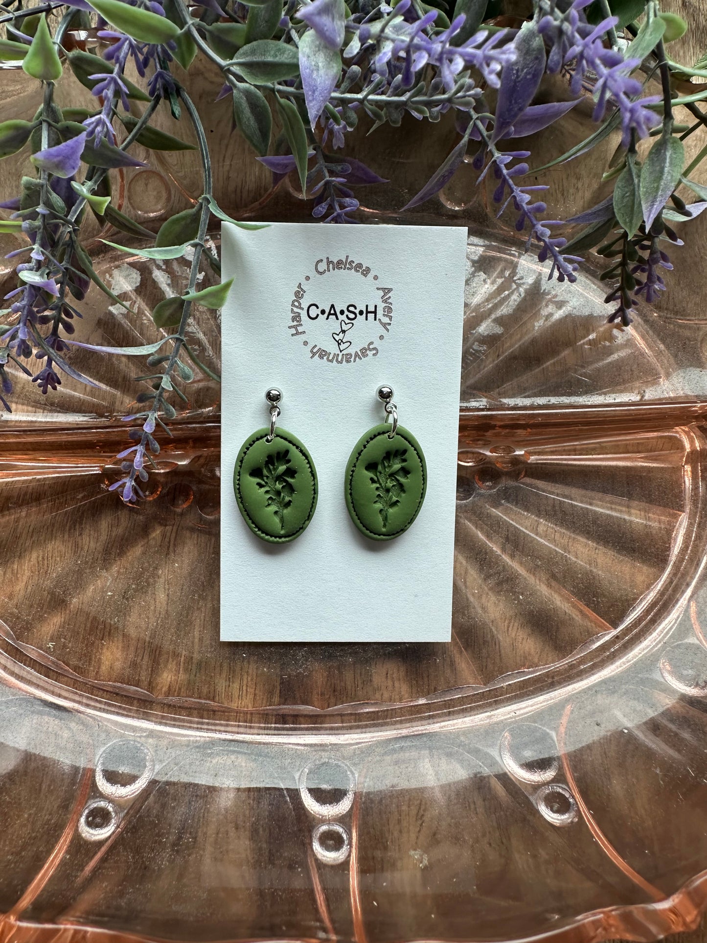Olive green flower imprint dangles