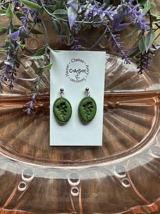 Olive green flower imprint dangles