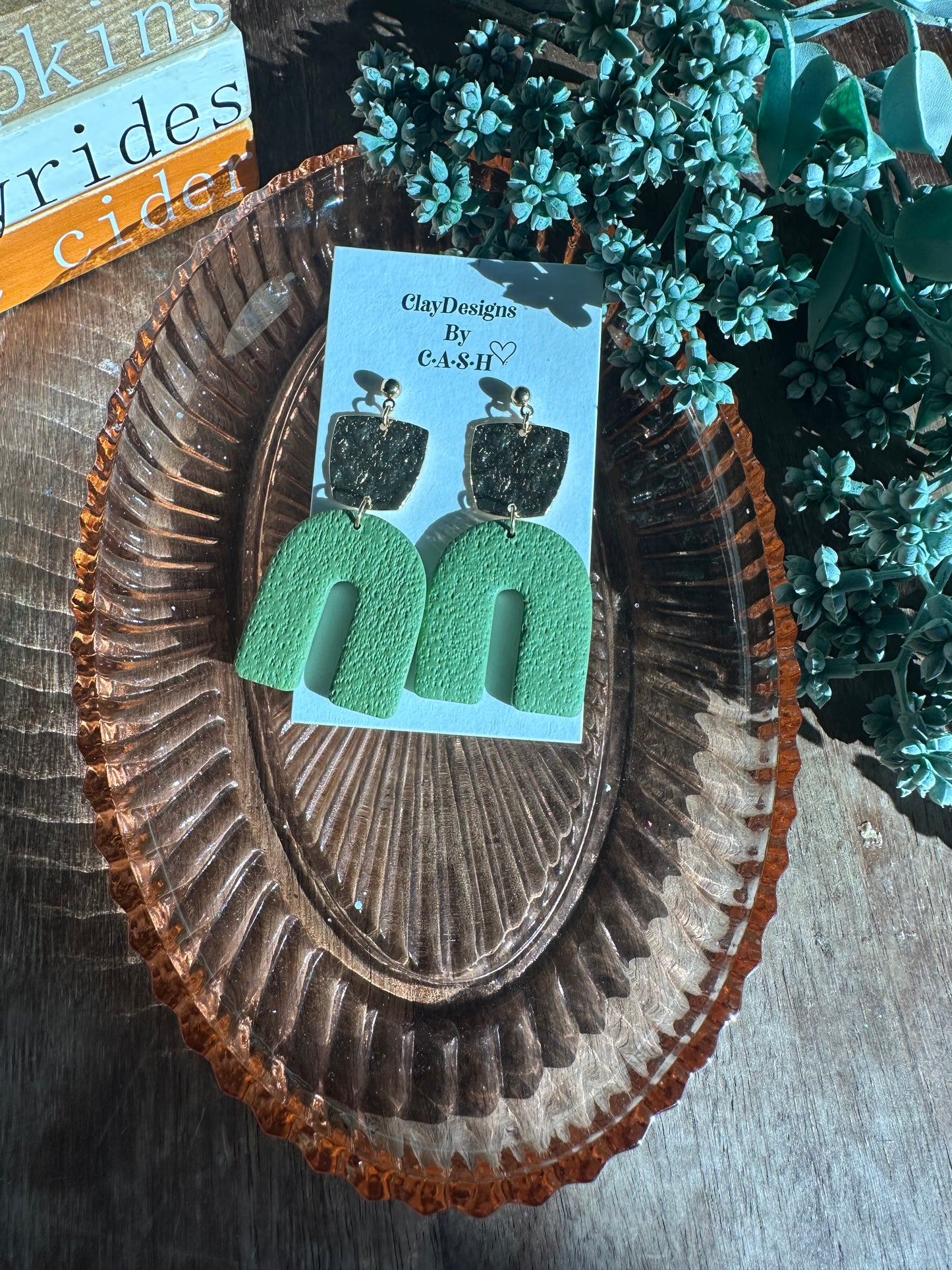 Sage green textured gold dangles