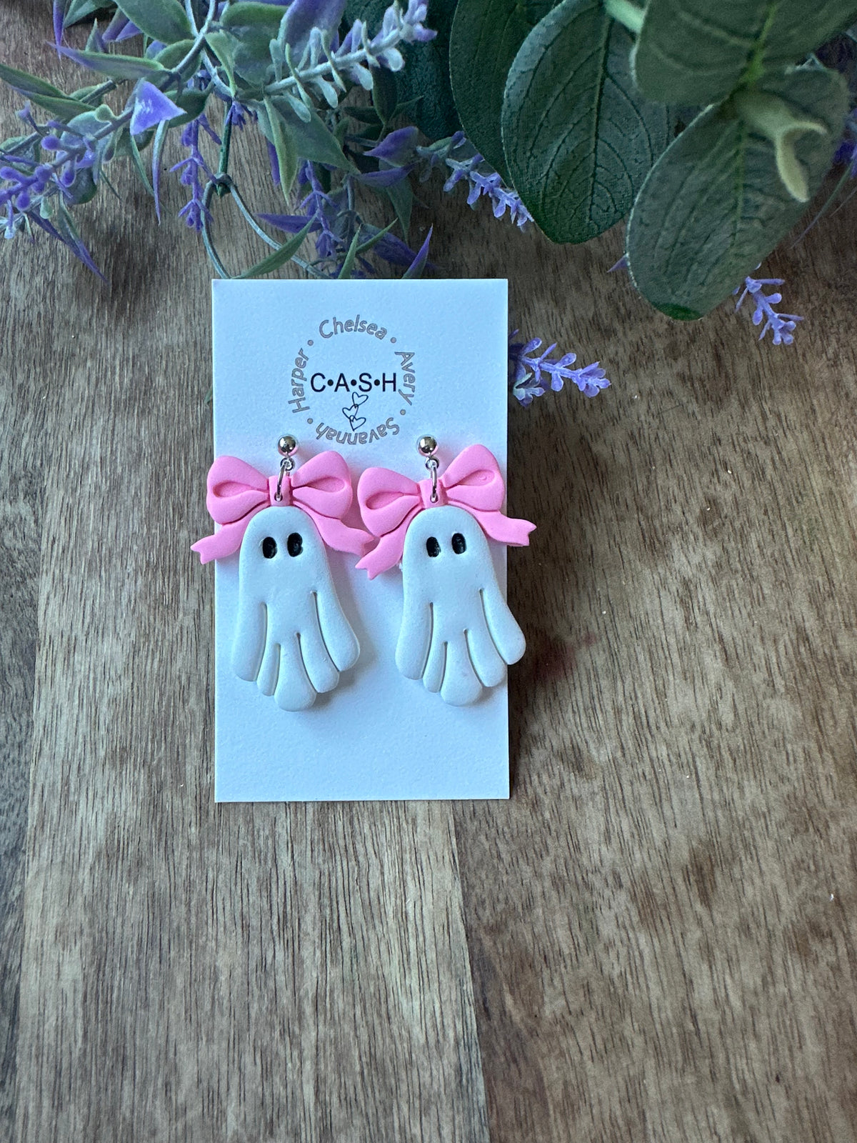 Ghost with pink bow dangles