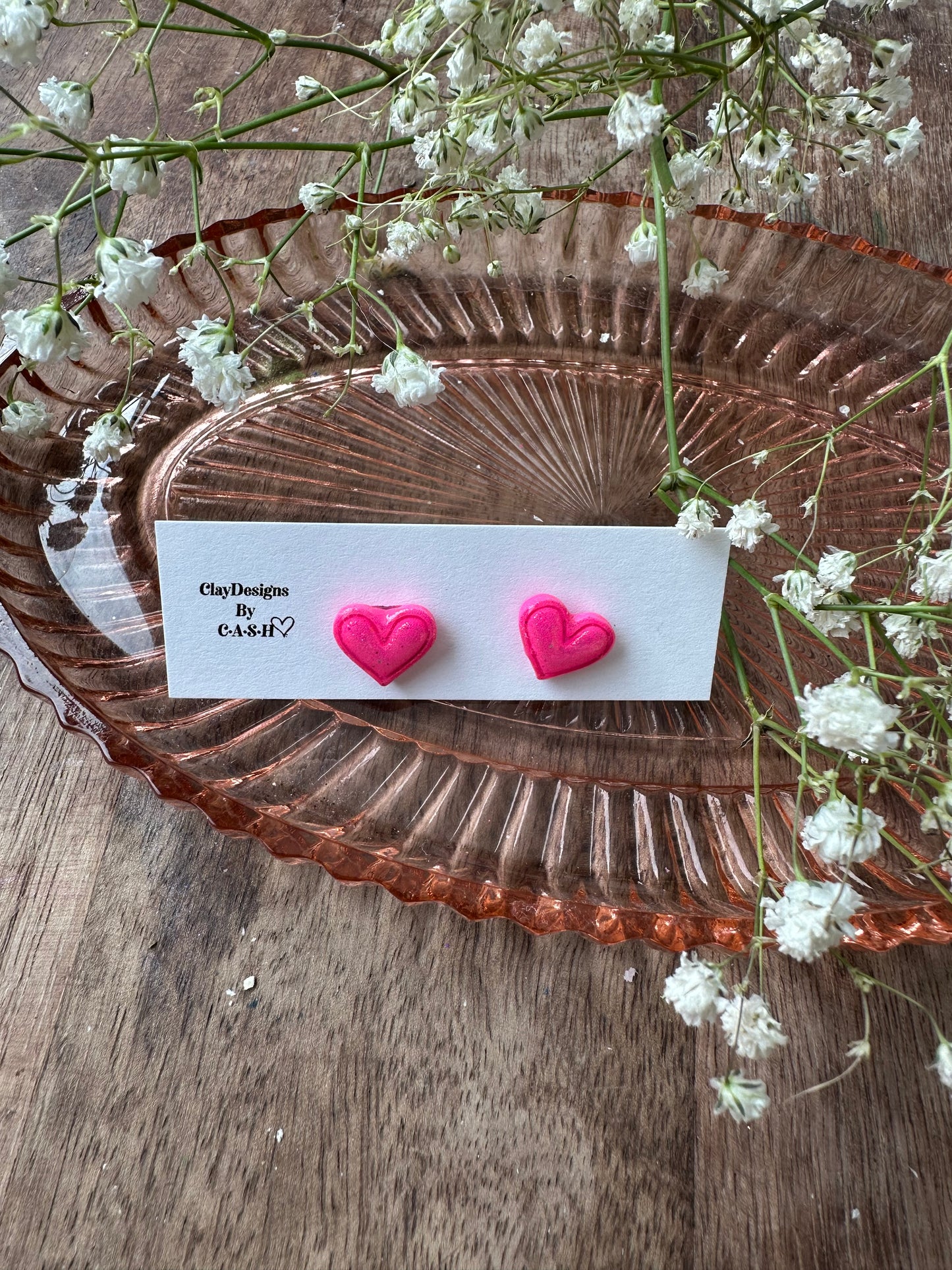 Hot pink glitter heart studs