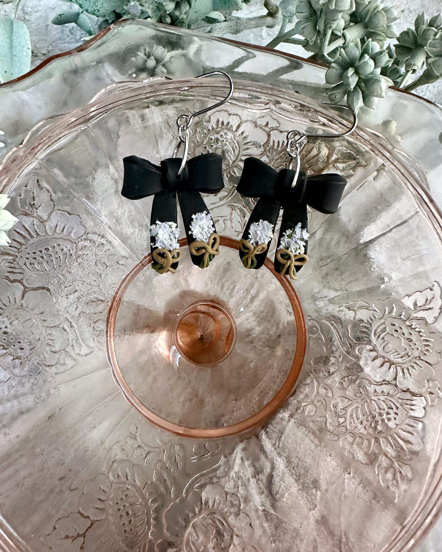 Black lavender bow dangles