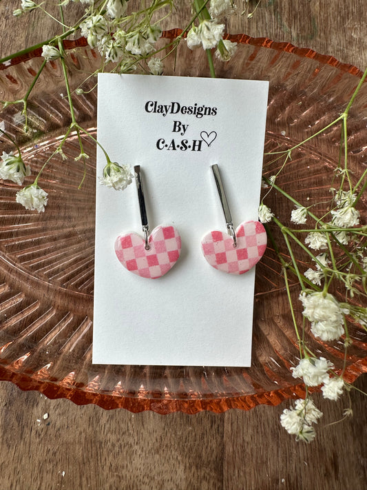 Pink checkered heart dangles