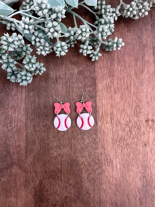 Pink bow baseball dangles