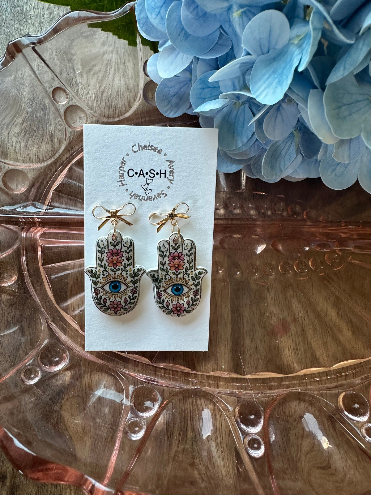 Flower evil eye with gold bow dangles