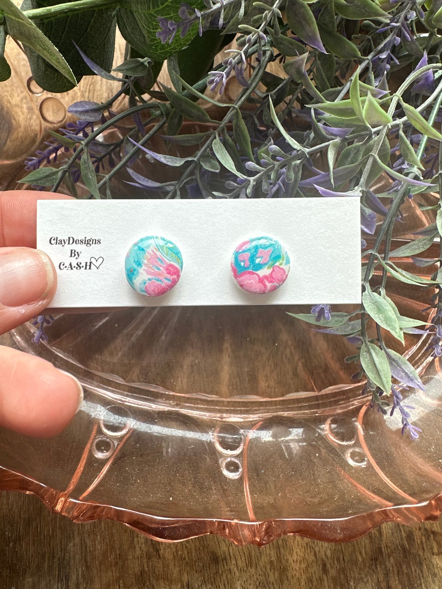 Blue/ pink summer floral studs