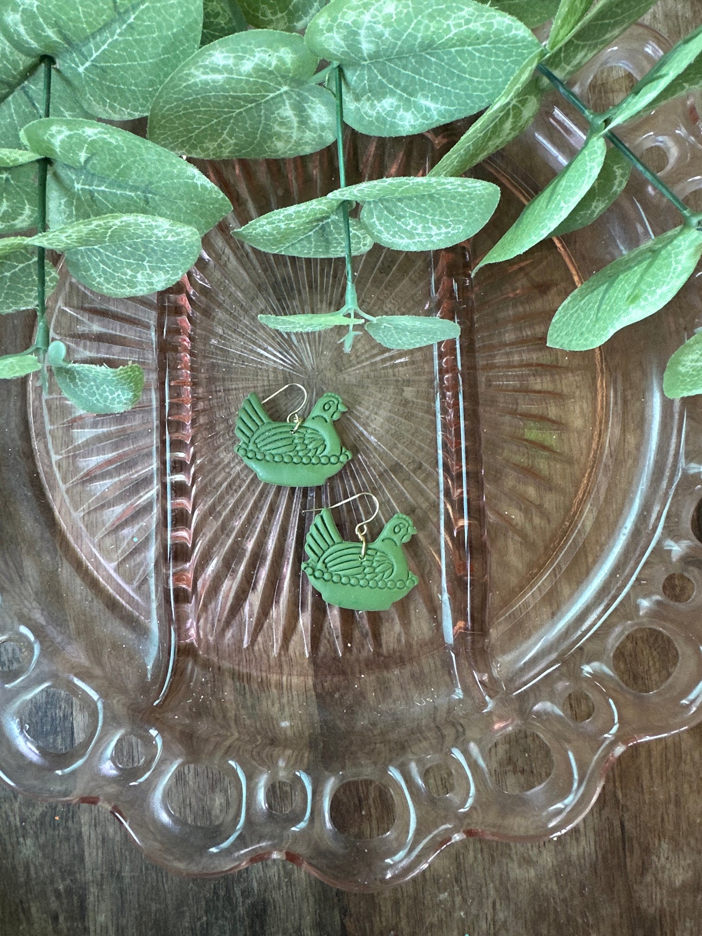 Olive green hen dangles